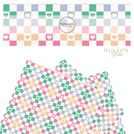 Pink, orange, blue, and green checker with coordinating color hearts on a cream faux leather sheet