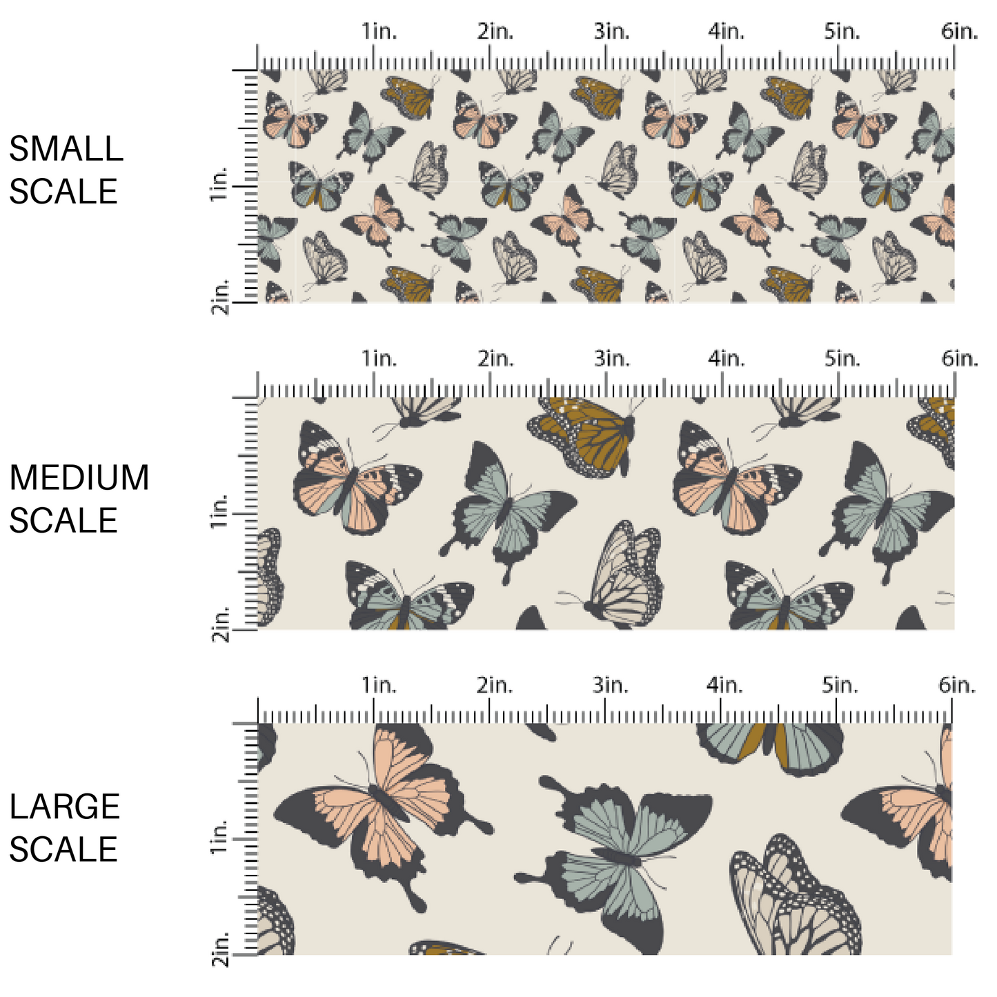Multi-colored butterfly print on cream fabric by the yard scaled image guide