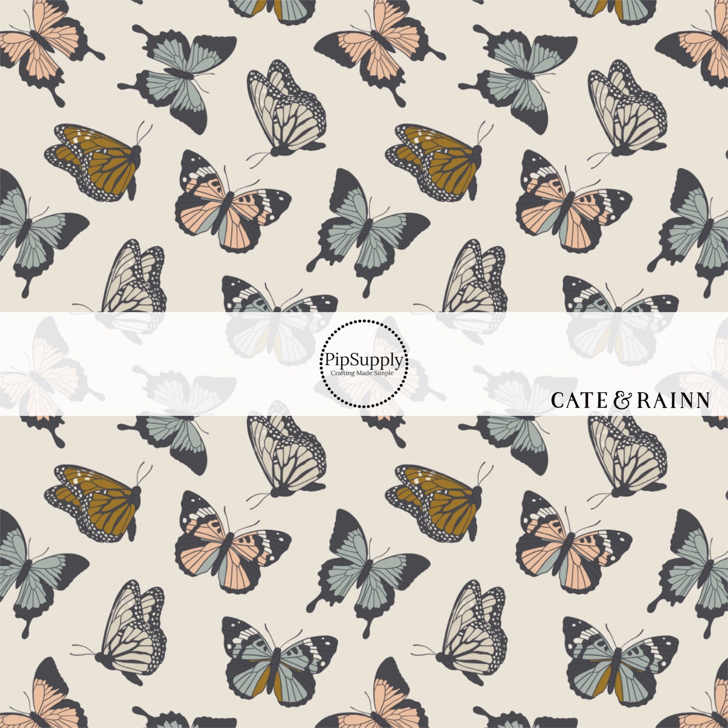Multi-colored butterfly print on cream fabric by the yard