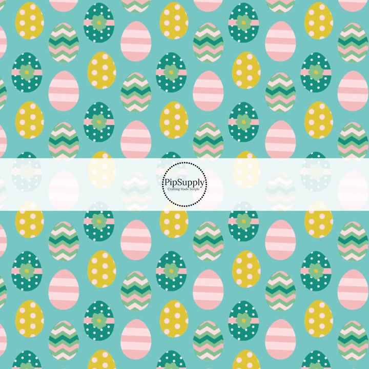 aqua fabric by the yard with yellow, pink, and aqua Easter eggs - Easter Fabric 