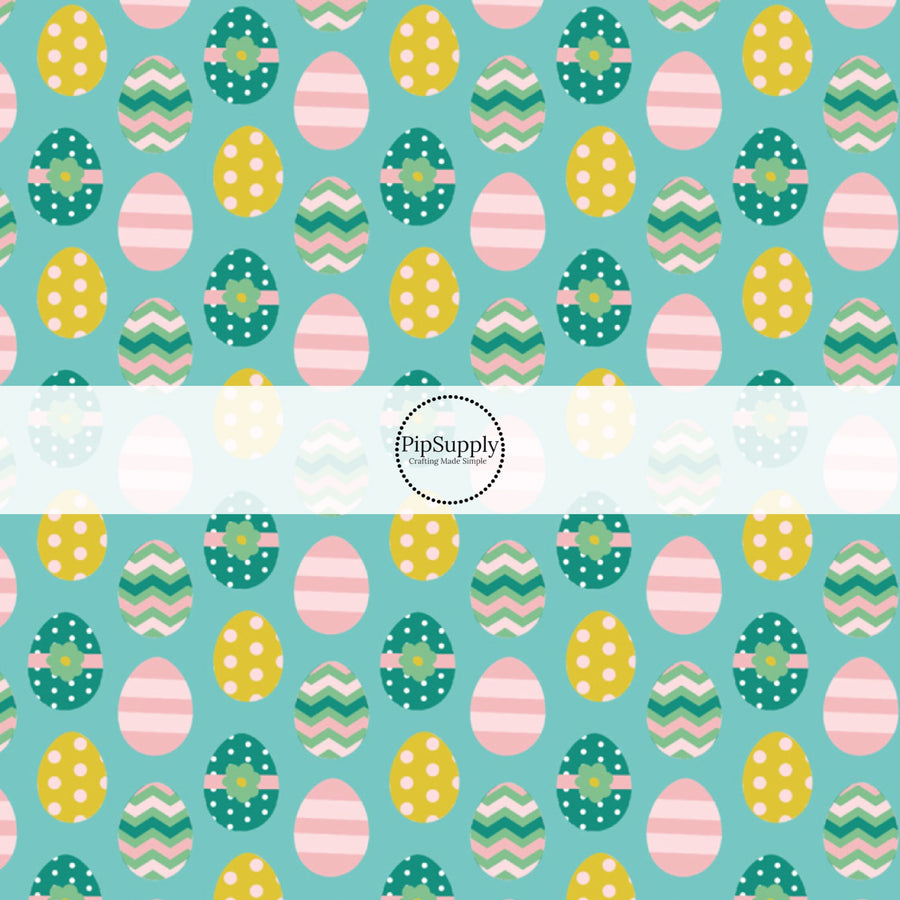 aqua fabric by the yard with yellow, pink, and aqua Easter eggs - Easter Fabric 