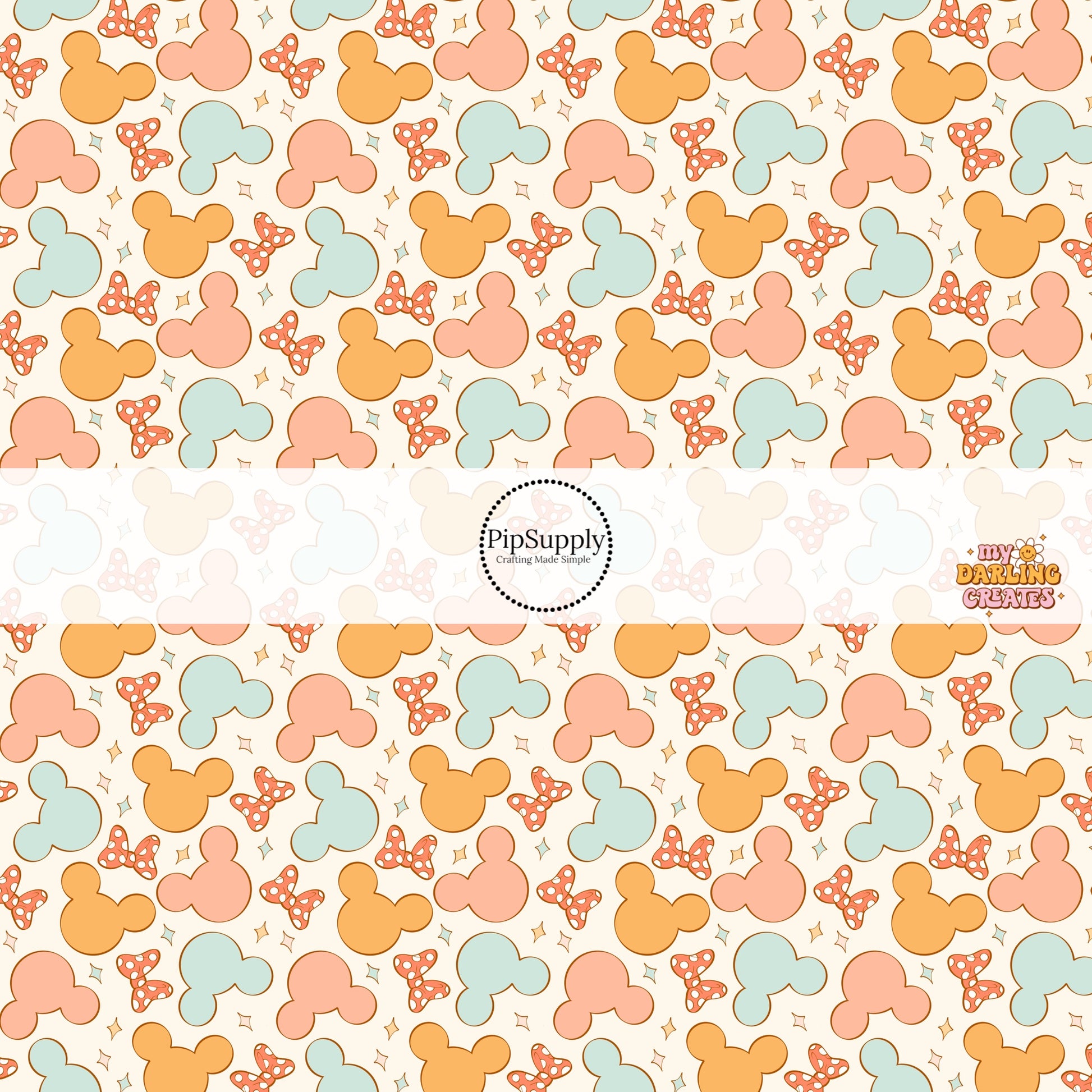 Cream fabric by the yard with pastel mouse heads, bows, and stars.