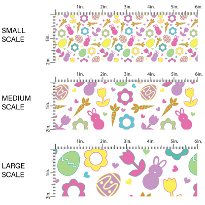 White fabric by the yard scaled image guide with neon colored Easter eggs, Easter bunnies, and carrots - Spring Fabric - Easter Fabric 