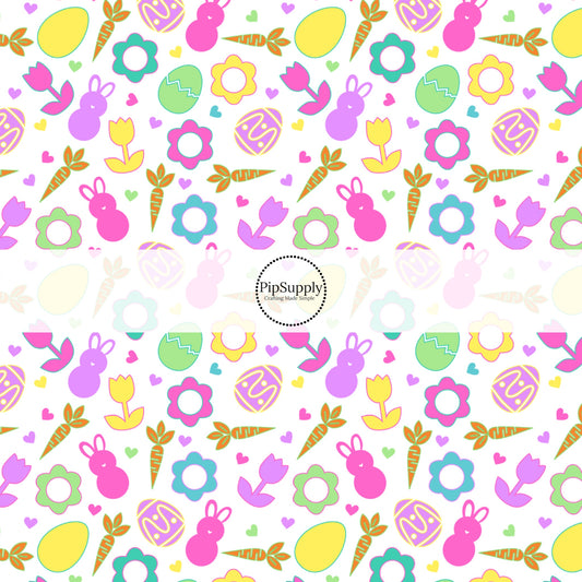 White fabric by the yard with neon colored Easter eggs, Easter bunnies, and carrots Spring Fabric - Easter Fabric 