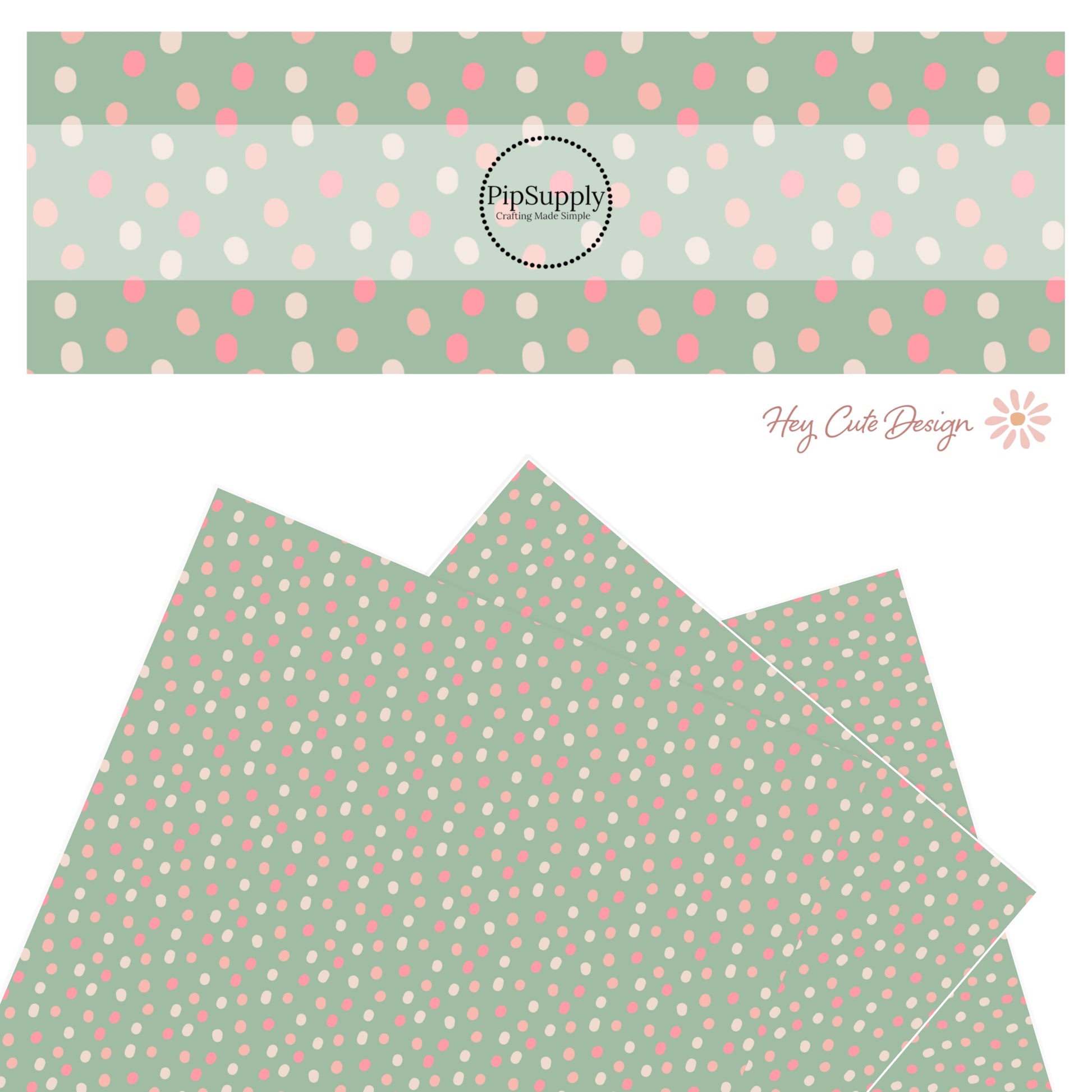 Pink, peach, hot pink dots on a mint green pattern faux leather sheet.