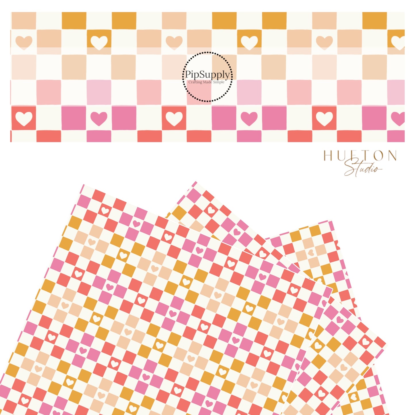 Red, bubble pink, cream, and orange checker with coordinating hearts on a white faux leather sheet