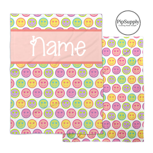 Multi colored leopard print smiley face patterned soft minky blanket with customizable text.