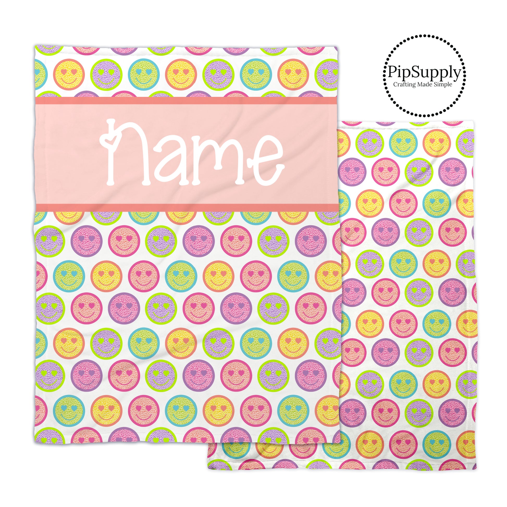 Multi colored leopard print smiley face patterned soft minky blanket with customizable text.