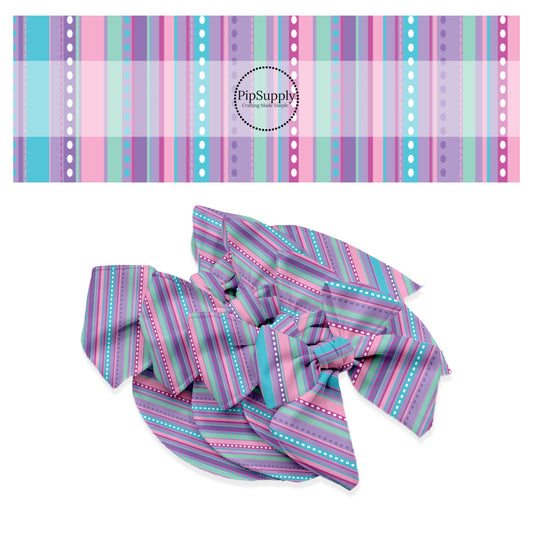 Blue, pink, purple, and green stripes with whtie polka dots bow strips