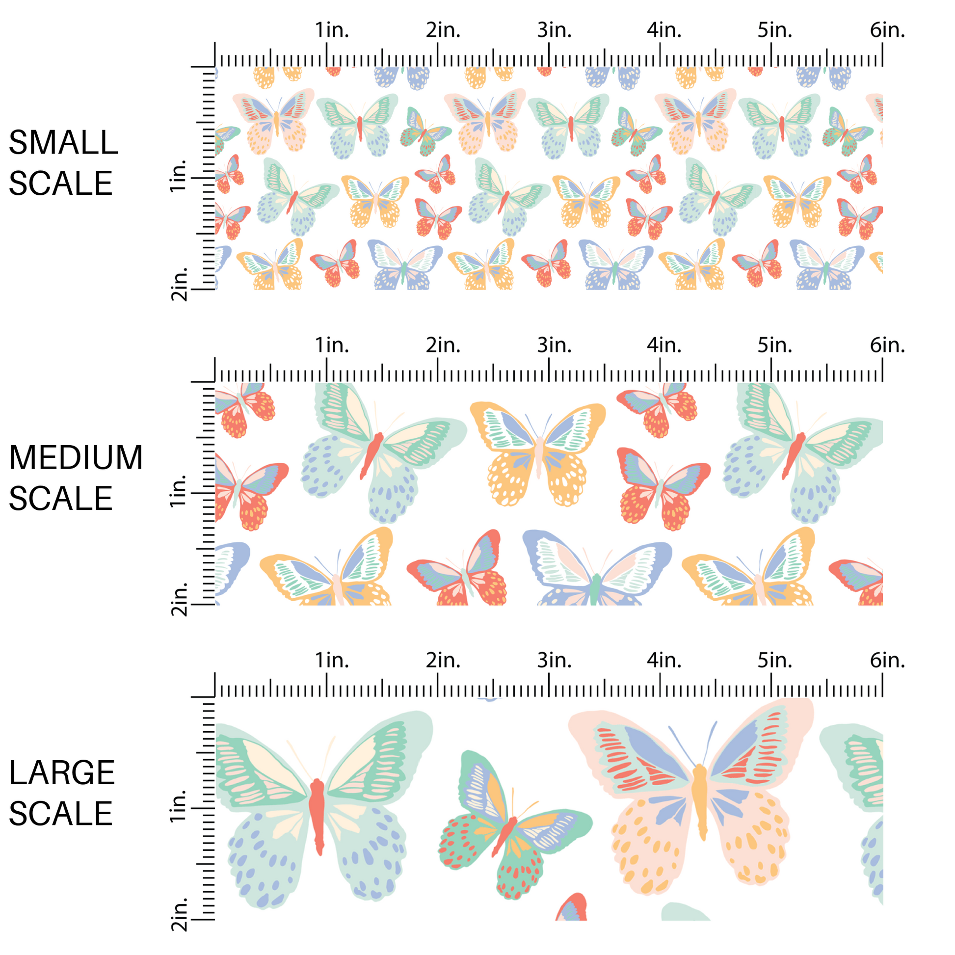 Multi-colored rainbow butterflies on white fabric by the yard scaled image guide