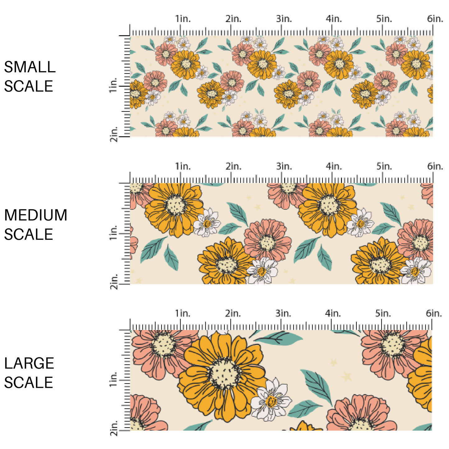 Cream fabric by the yard scaled image guide with white, coral, and yellow floral designs