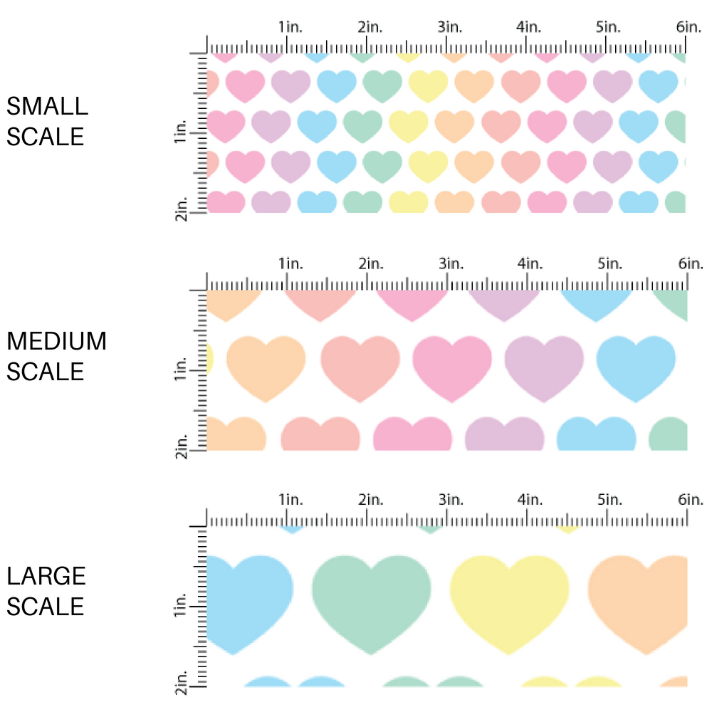 Scaled fabric by the yard image guide with a pastel rainbow ombre heart design