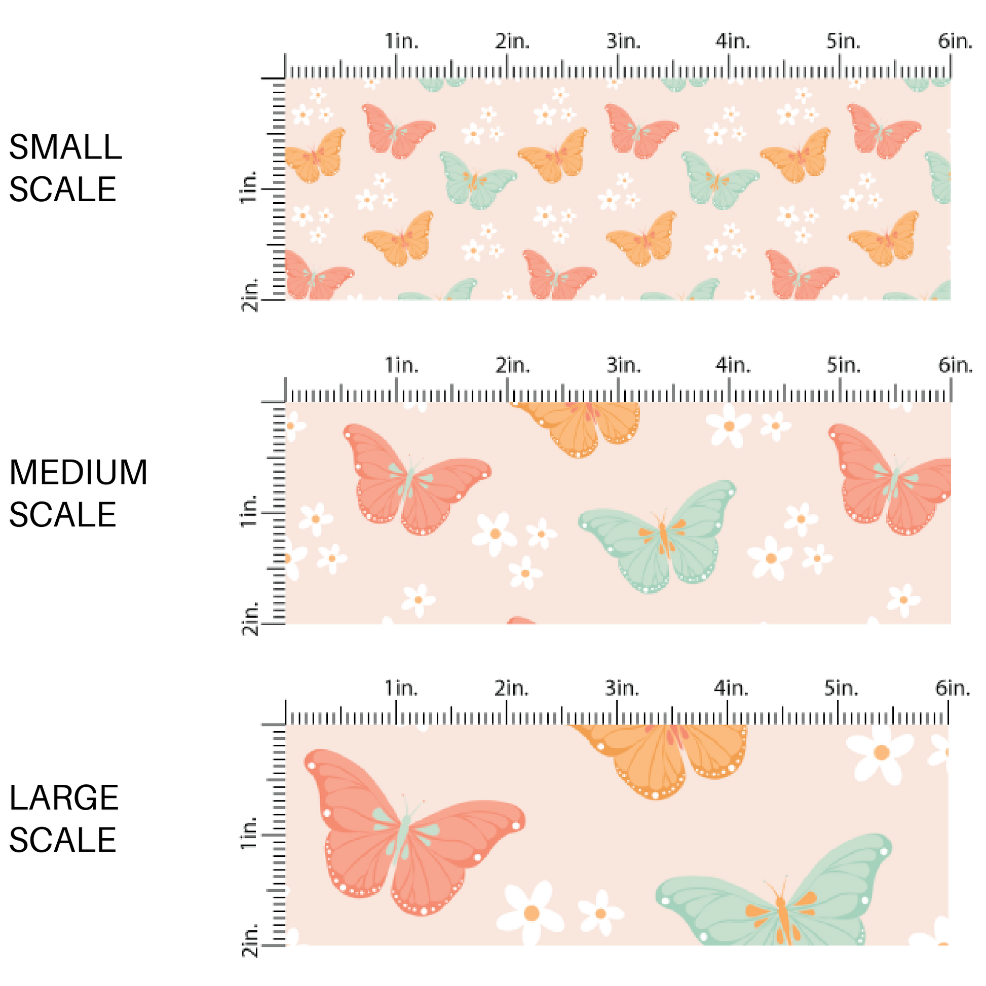 Light Pink fabric by the yard scaled image guide with white flowers, orange, pink, and blue butterflies