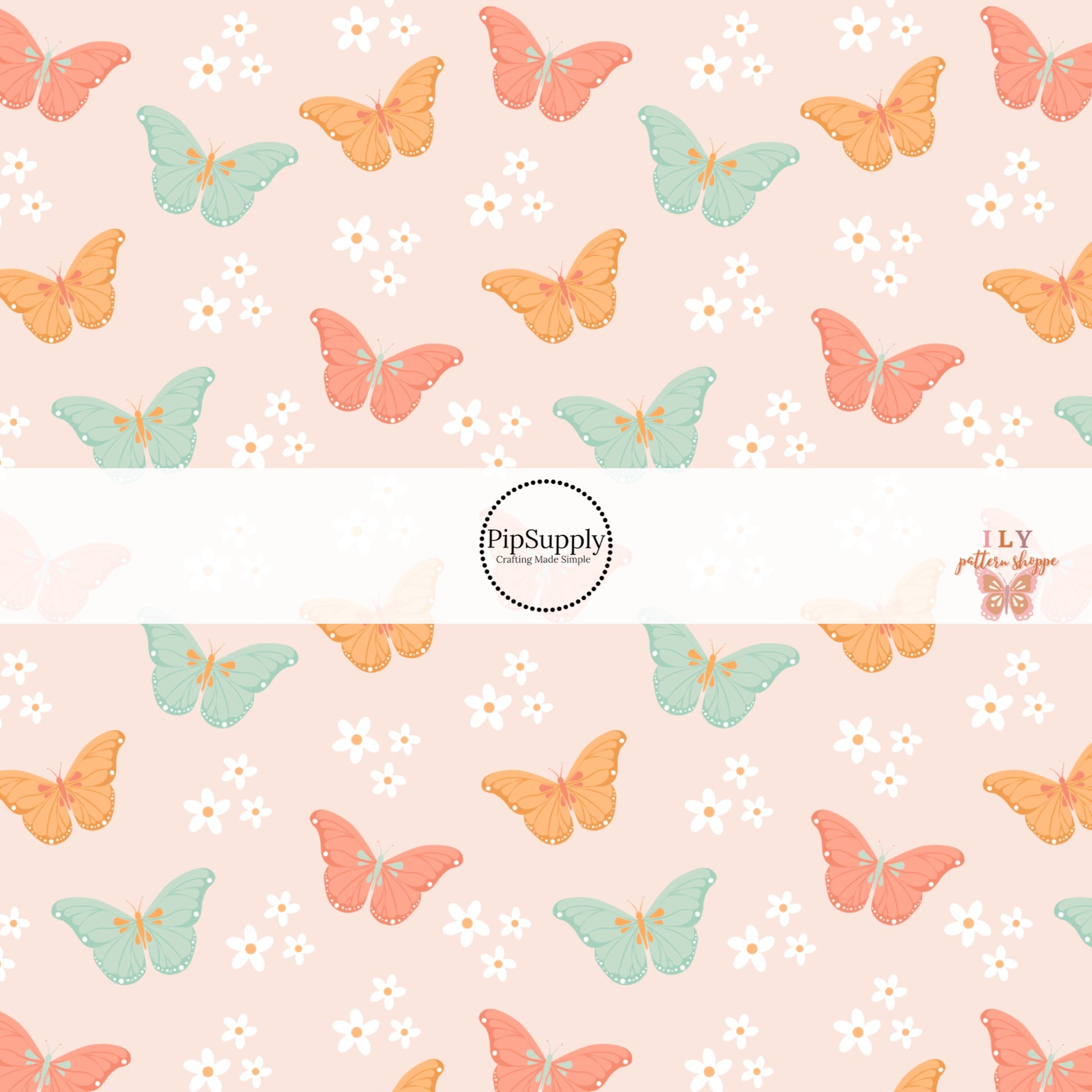 Light Pink fabric by the yard with white flowers, orange, pink, and blue butterflies