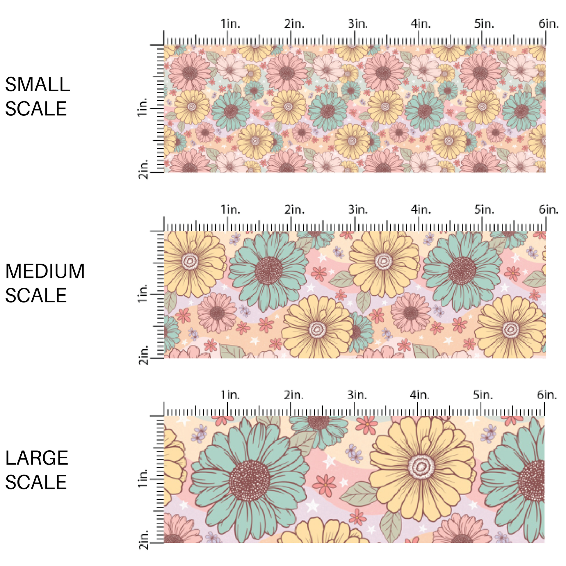 Multi-colored fabric by the yard scaled image guide with pastel flowers and stars - Spring Easter Floral Fabric 
