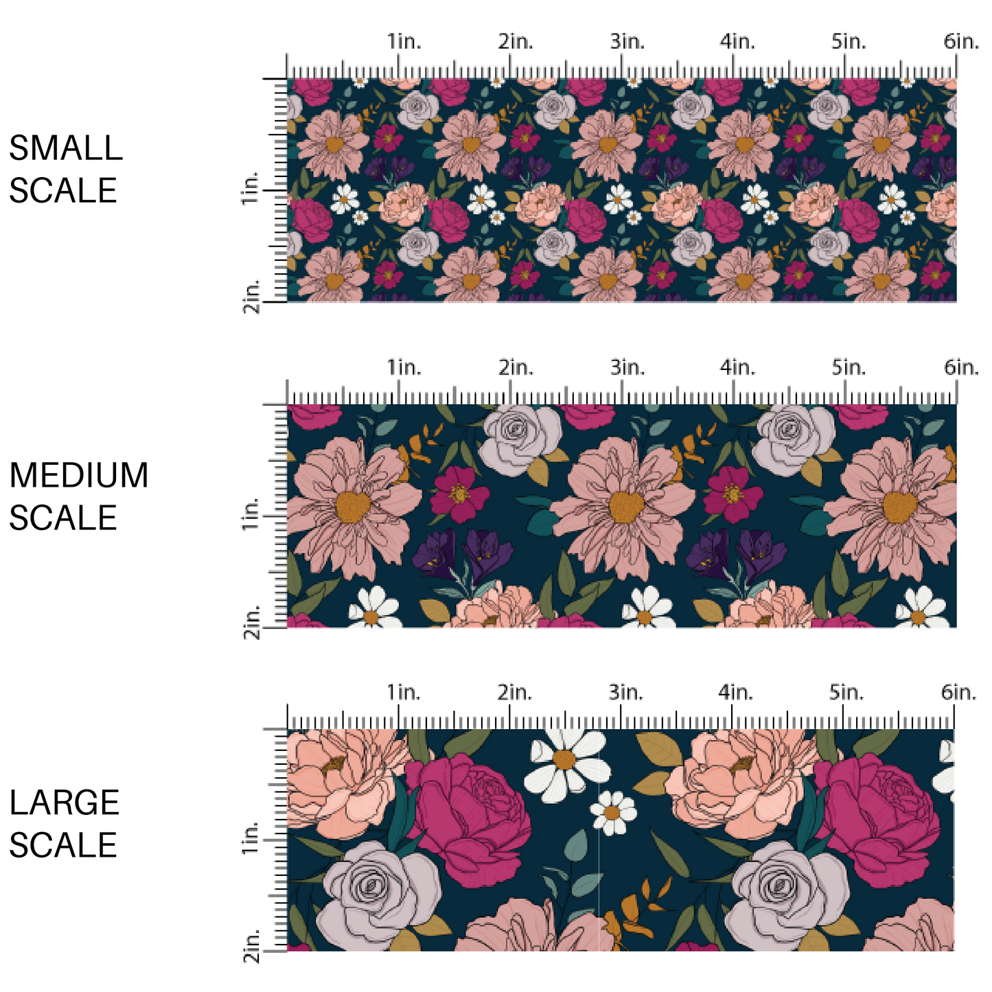 White, pink, and cream floral prints on navy blue fabric by the yard scaled image guide