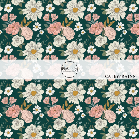 White, pink, and cream floral prints on dark green fabric by the yard