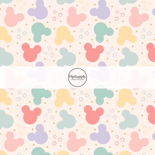 cream fabric by the yard with multi-colored mouse silhouettes and stars