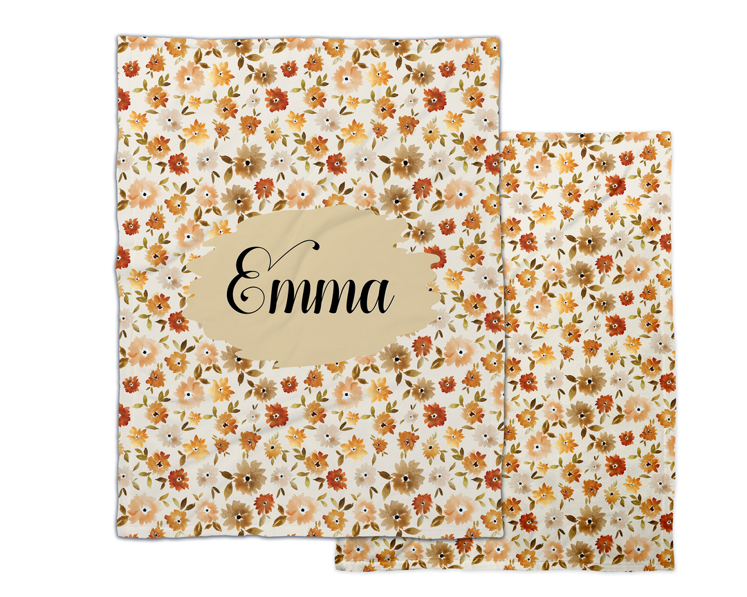 Indy Bloom fall floral patterned fleece blankets with customizable name.