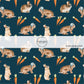 Blue fabric by the yard with orange carrots and bunny rabbits wearing baseball hats - Easter Patterned Fabric by the Yard 
