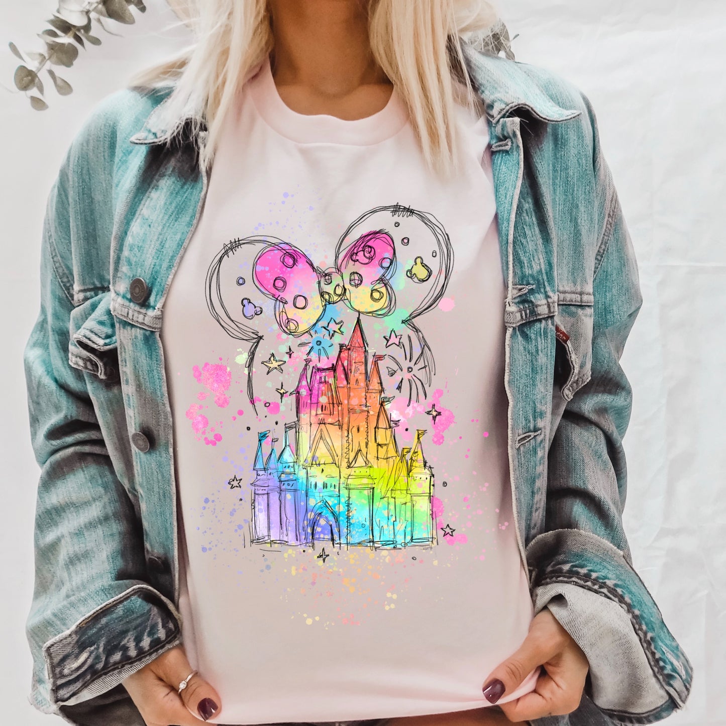 Bright rainbow colored magic castle and mouse silhouette iron on heat transfer.