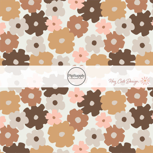 Brown, Pink, and Beige floral prints on cream fabric by the yard