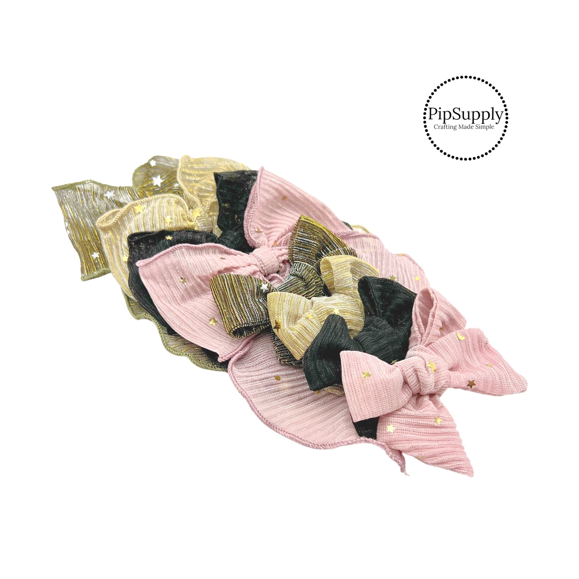 Glitter bows in pink gold, black, and pink