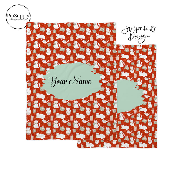 Juniper Row Christmas cats and presents patterned fleece blankets with customizable name.