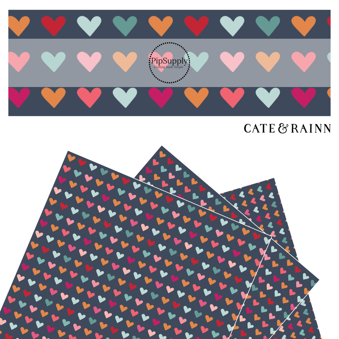 Teal, hot pink, blue, pink, and orange hearts on navy blue faux leather sheets