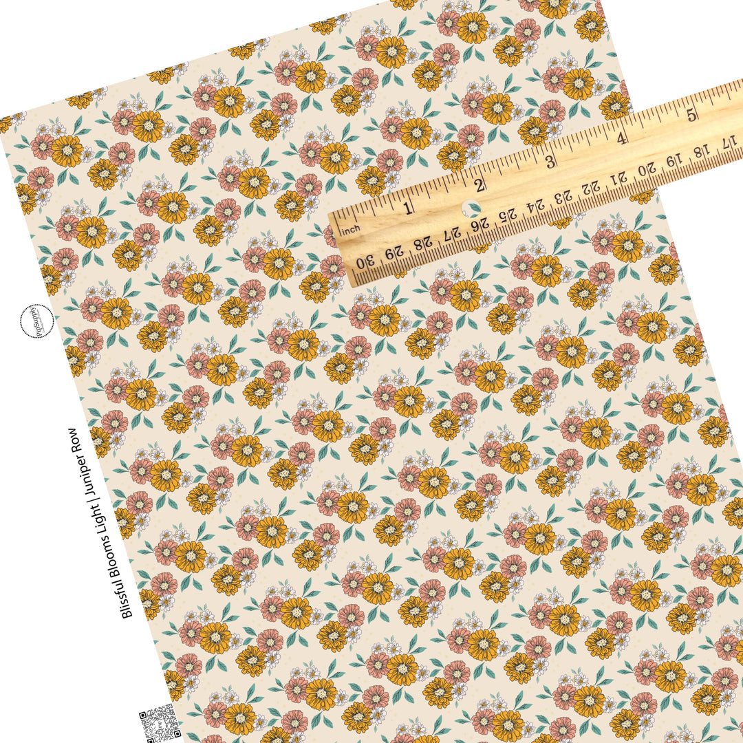 Tiny white flowers with pink and orange big flowers with faint yellow flowers on cream faux leather sheet