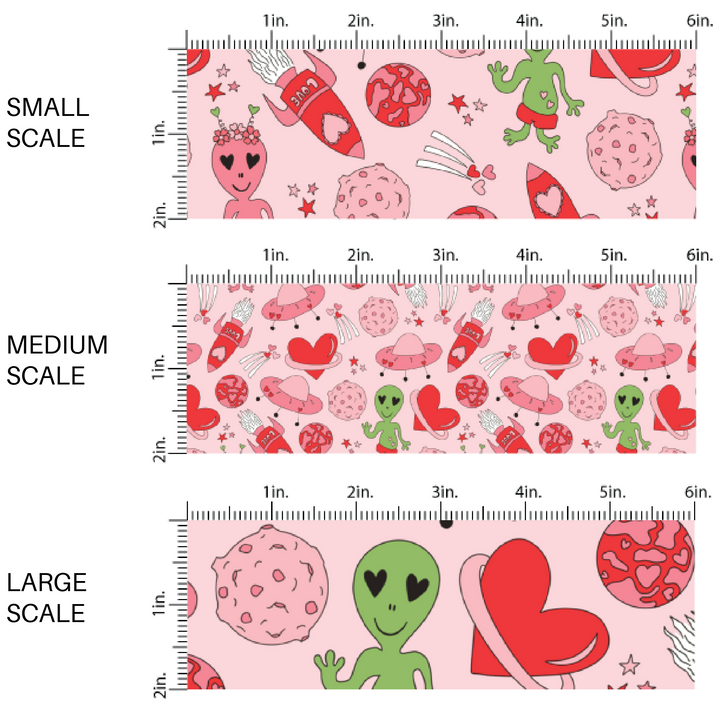 Alien Valentine's Day Themed Fabric - Red Heart Shaped Planet - Green Alien with Heart Eyes - Heart Shooting Stars - Fabric Scaling Sizes- 