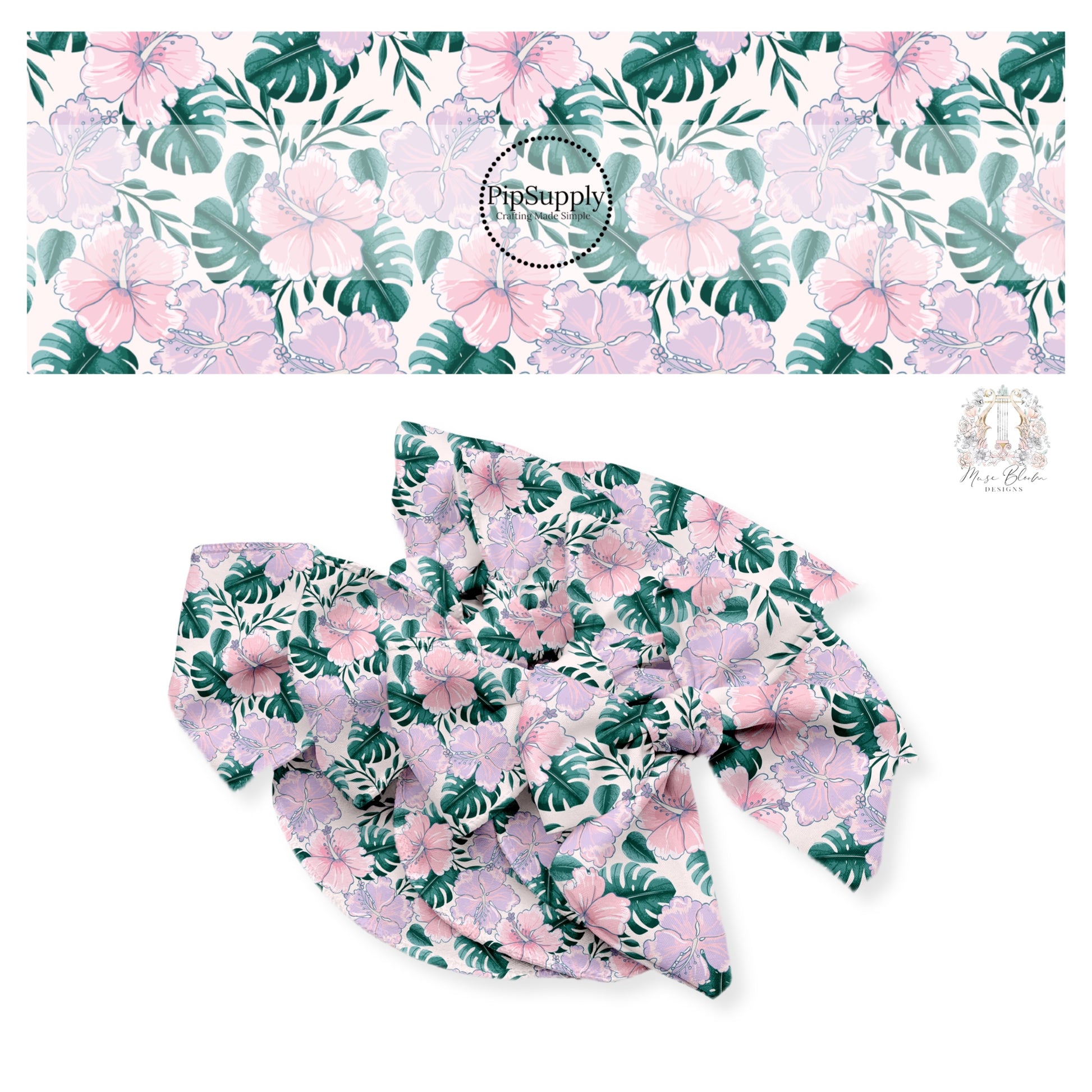 Green palm leaves with pink and purple hibiscus flowers on light pink bow strips