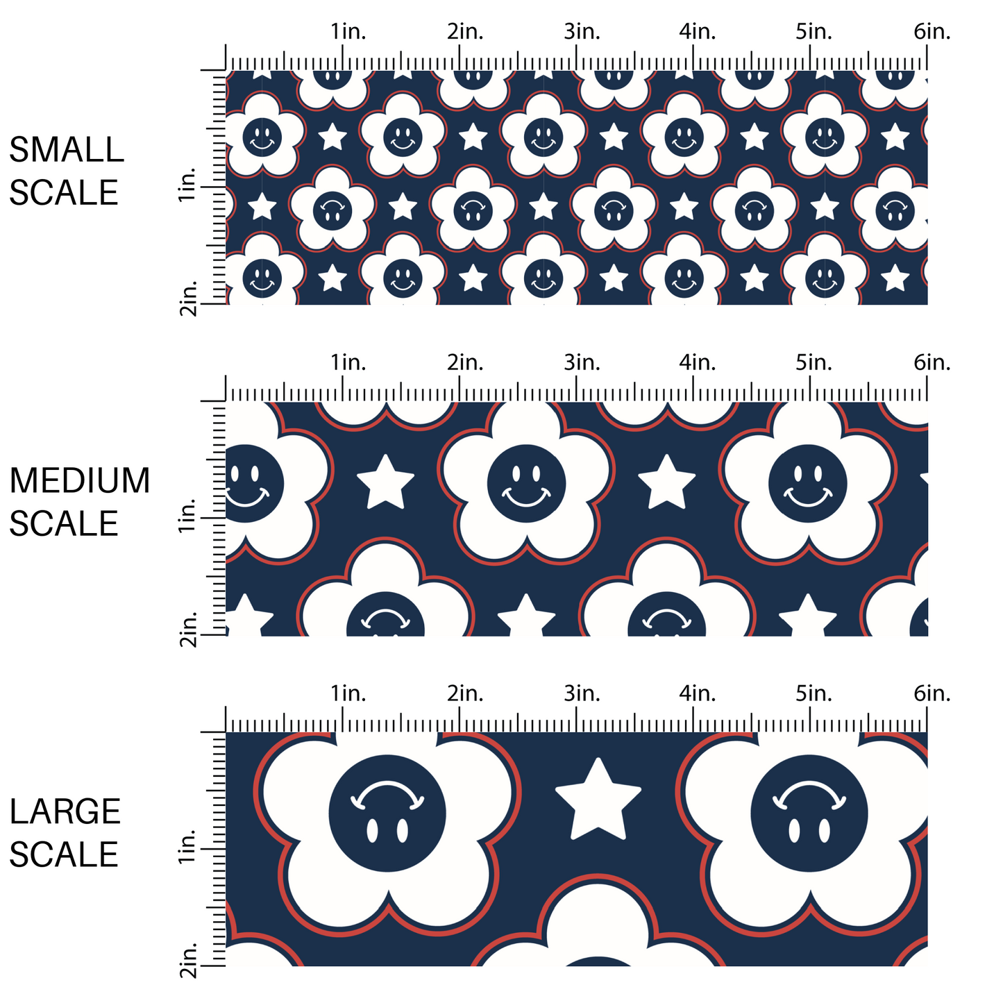Navy blue fabric by the yard scaled image guide with smiley face daisies and stars.