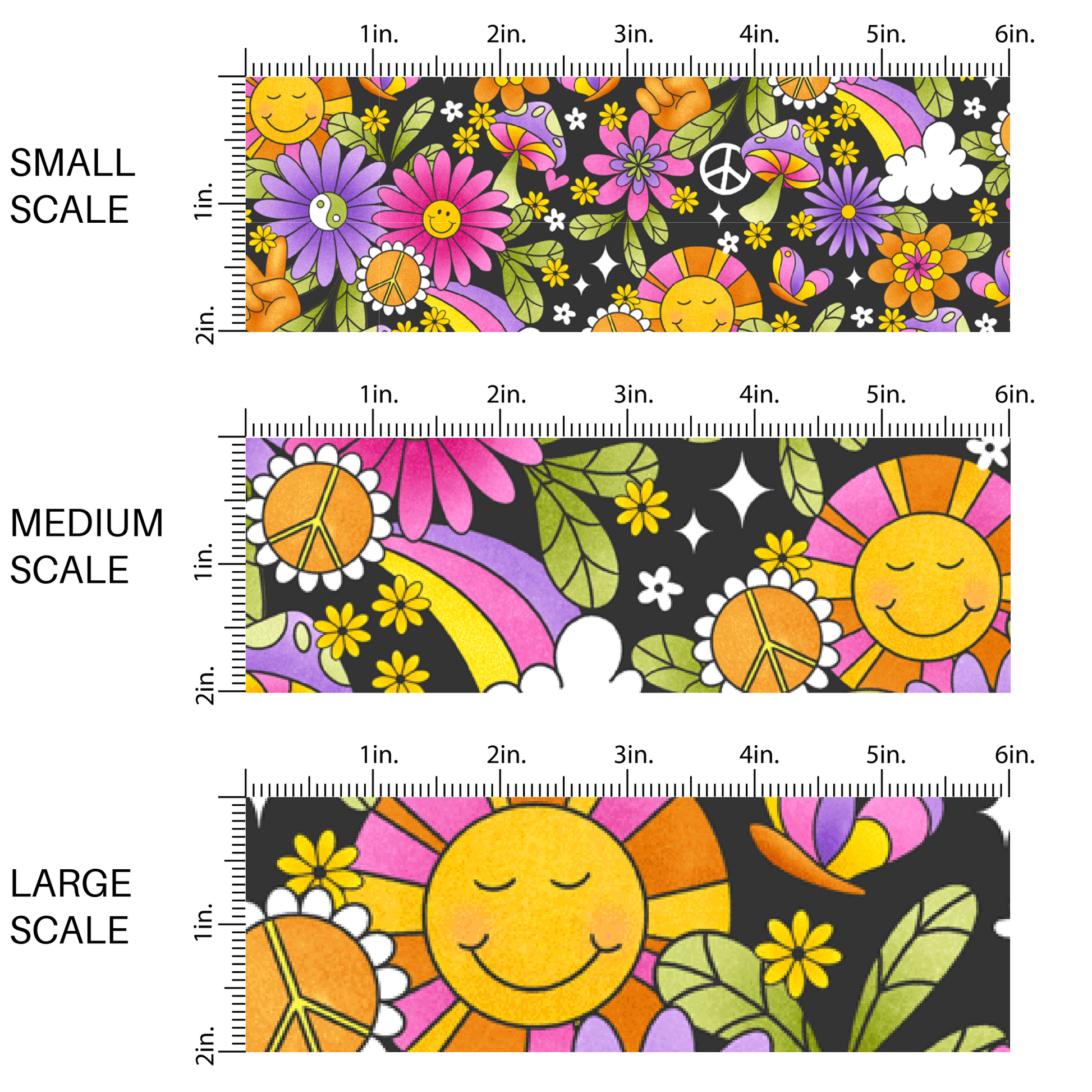 Groovy sunshines, rainbows, flowers, shrooms, and butterflies on black fabric scaling