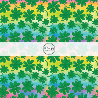 Watercolor rainbow background with emerald shamrocks bow strip