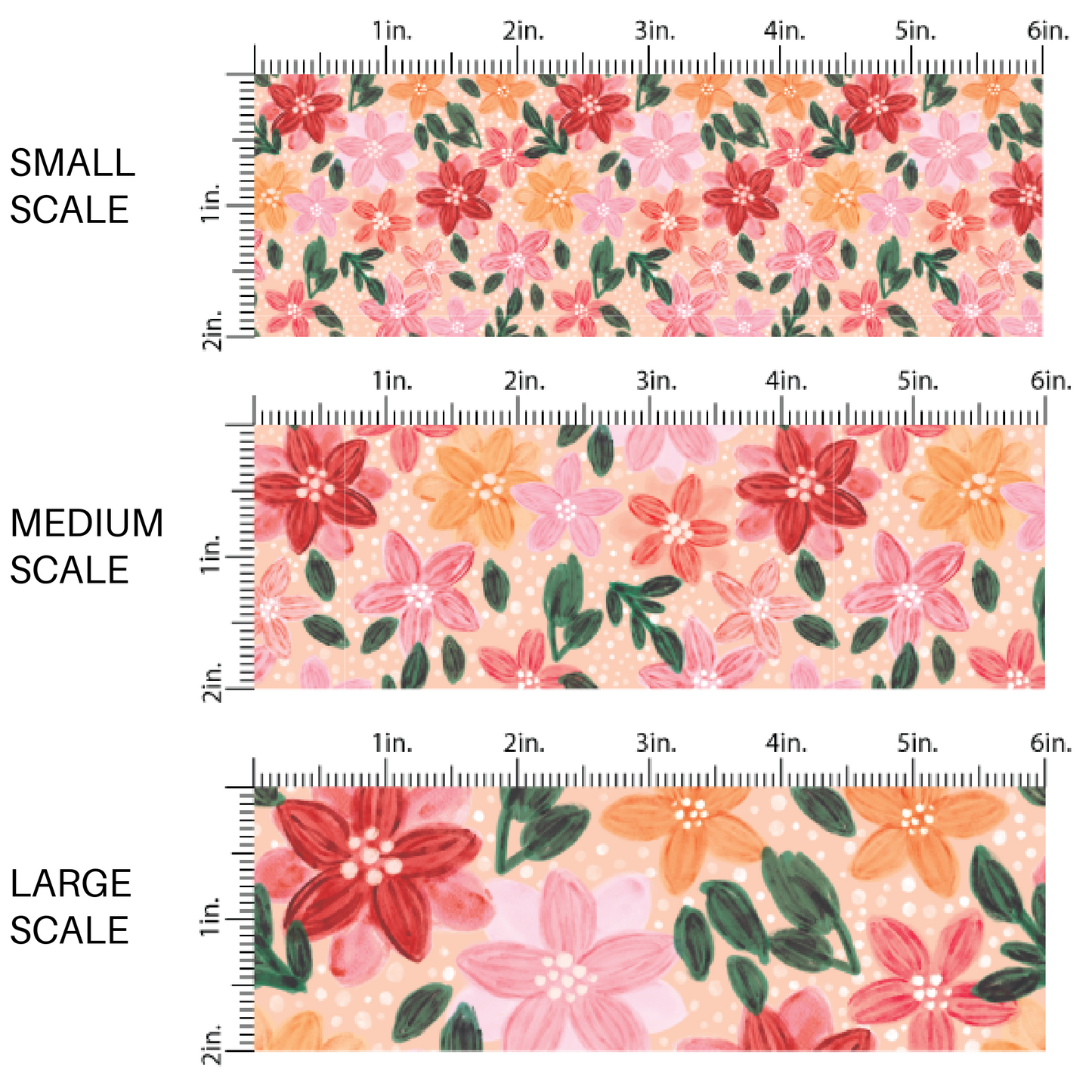 Pale peach fabric with colorful painted poinsettias scaled to small, medium, or large size.
