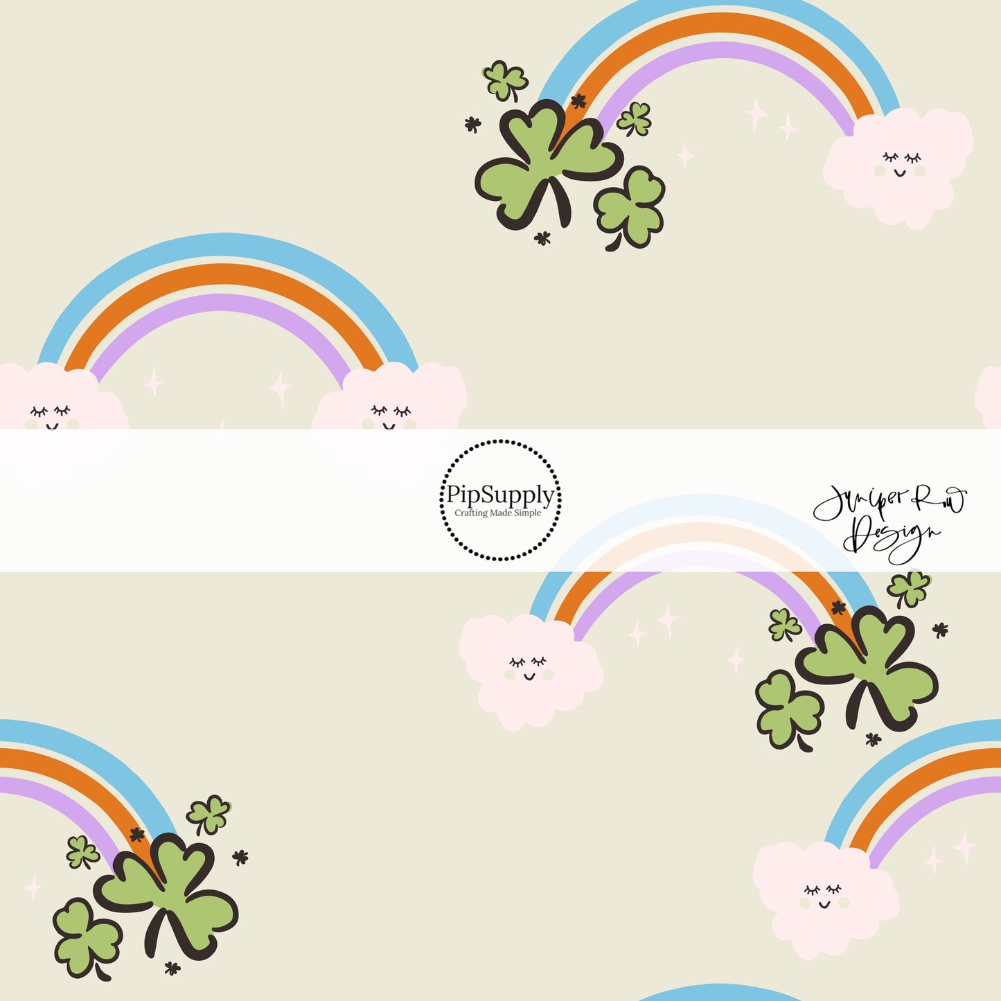 Pale green fabric by the yard with rainbows, animated clouds, and green clovers