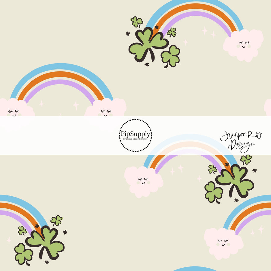 Pale green fabric by the yard with rainbows, animated clouds, and green clovers