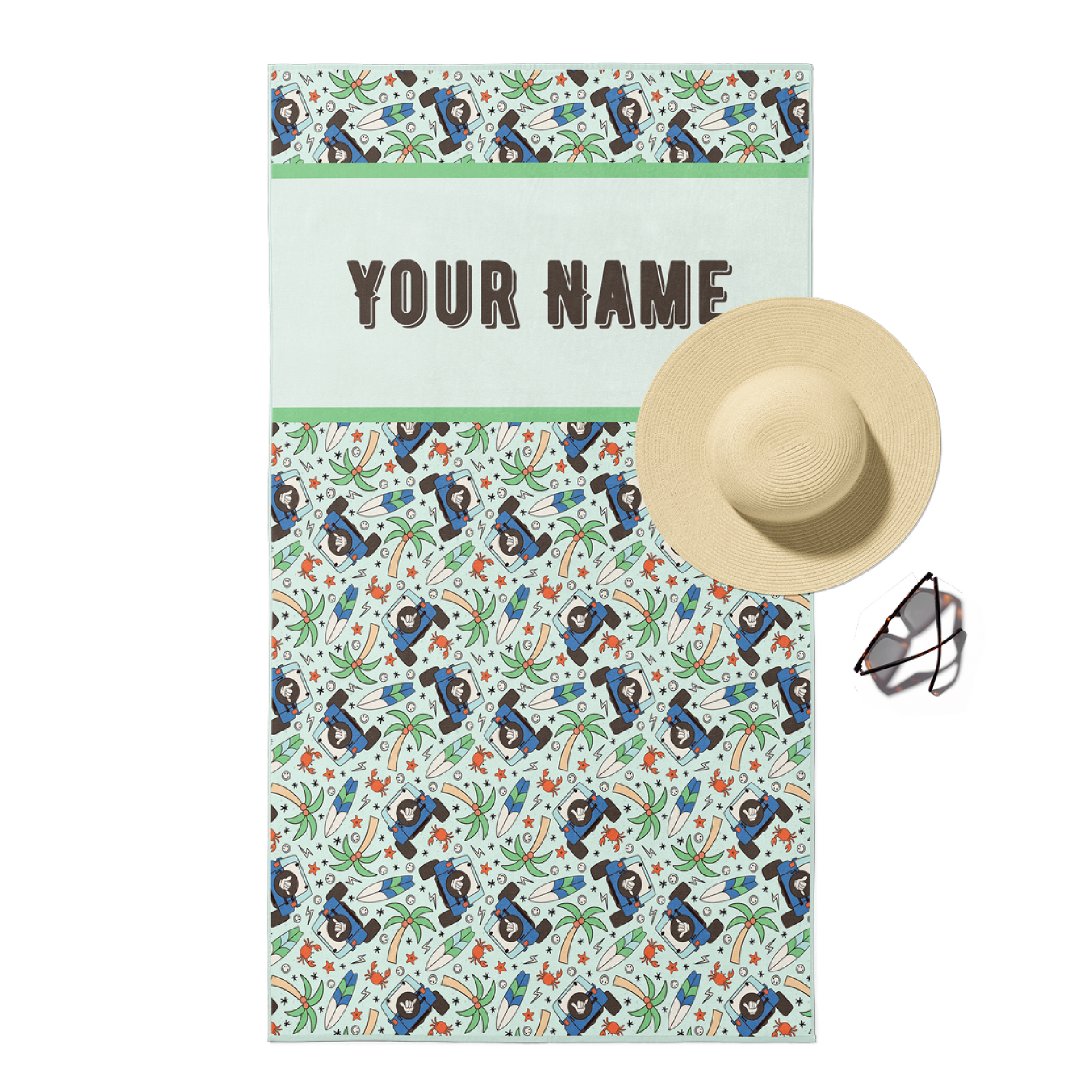 Beach towel in light blue and green boy towel with customizable text.