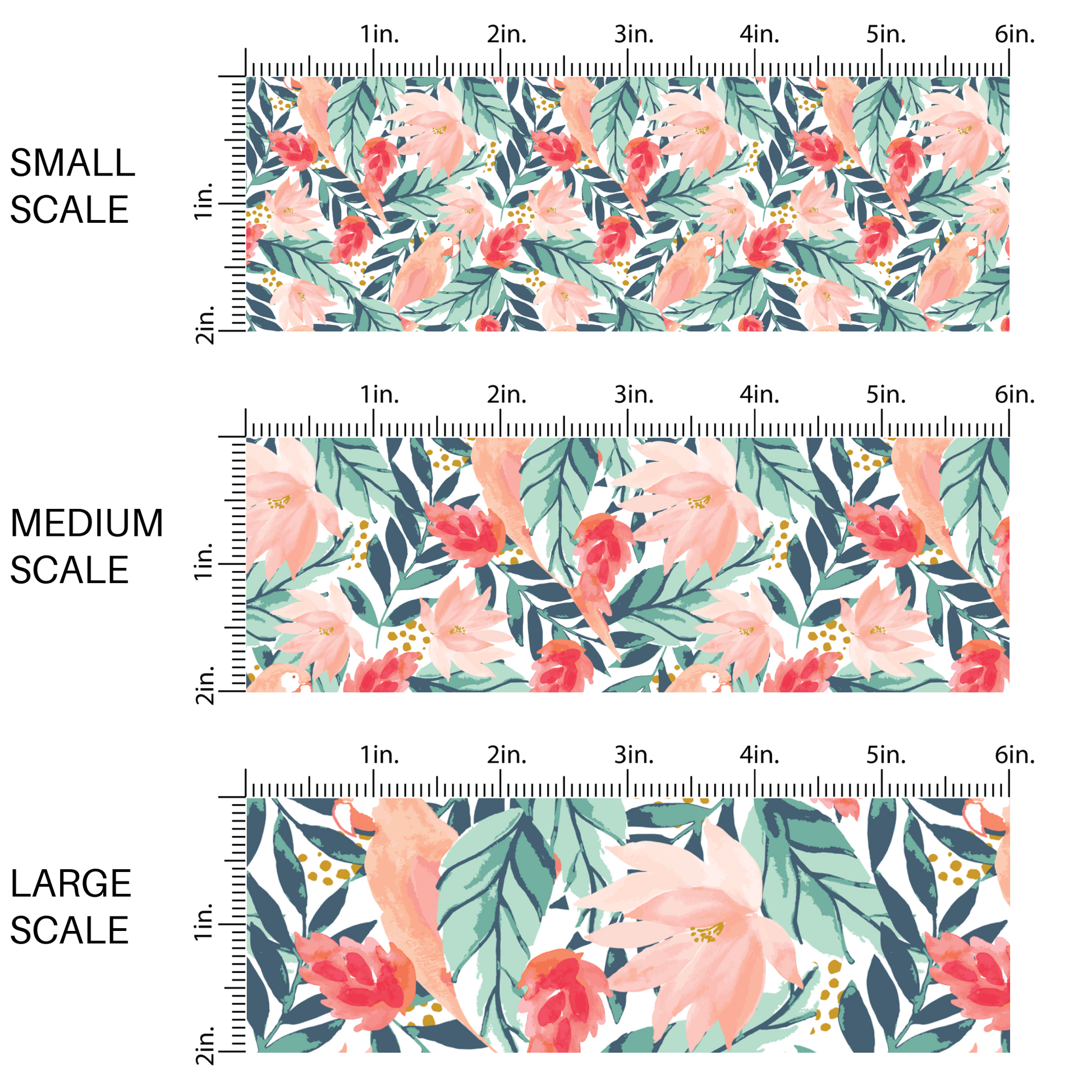 Tropical themed fabric by the yard scaled image guide with pink parrots and green palm leaves.