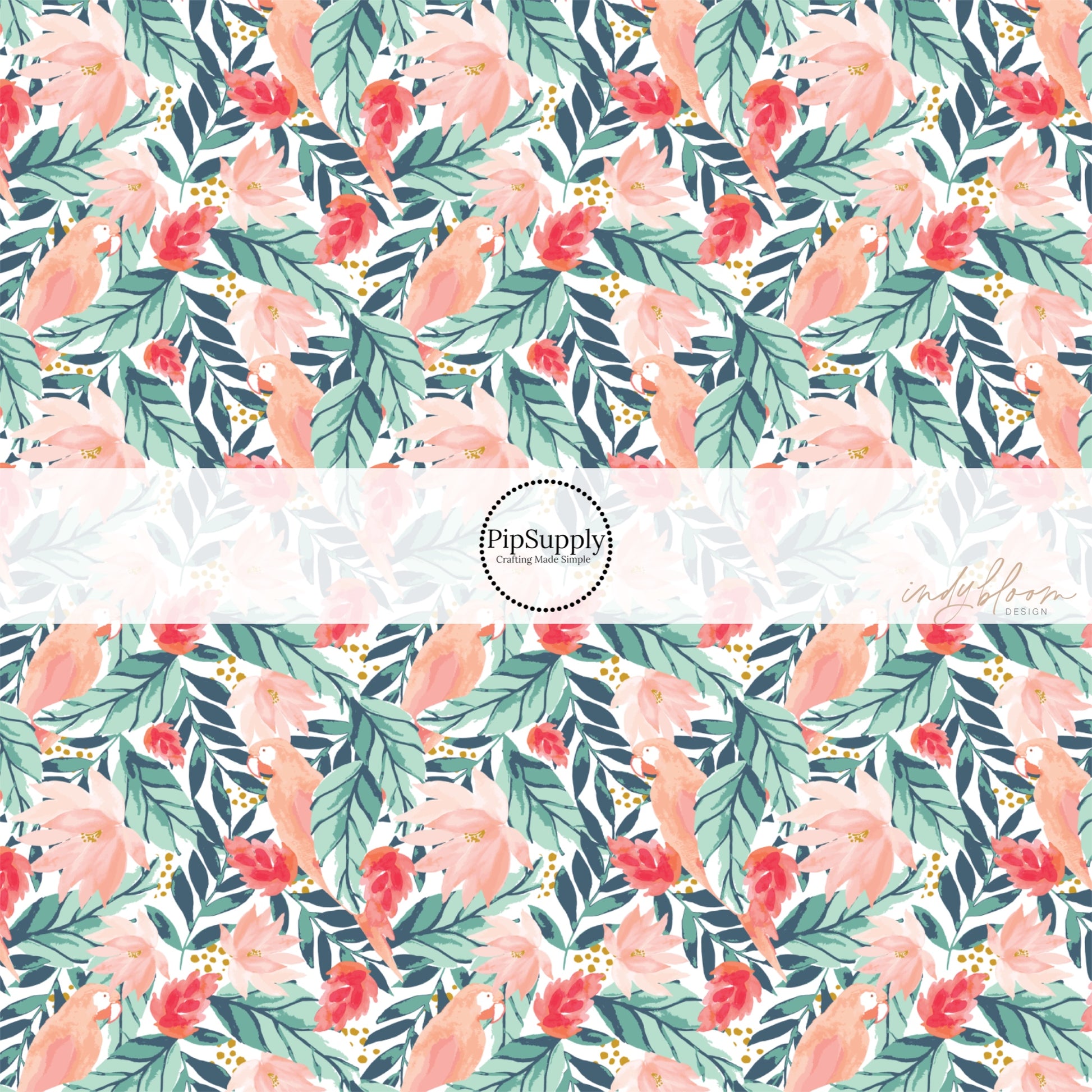 Tropical themed fabric by the yard with pink parrots and green palm leaves.