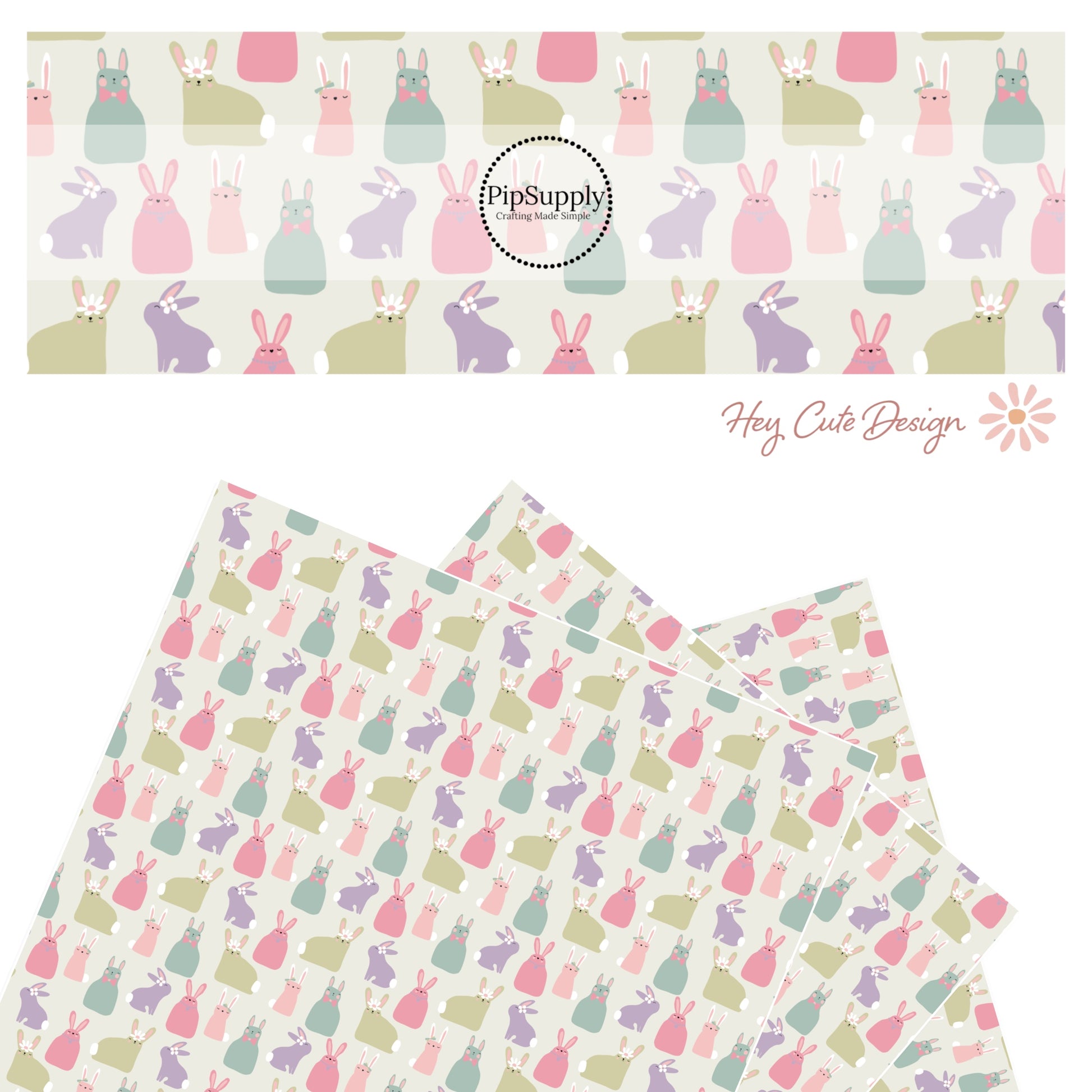 Pastel floral bunnies and daisies faux leather sheet.