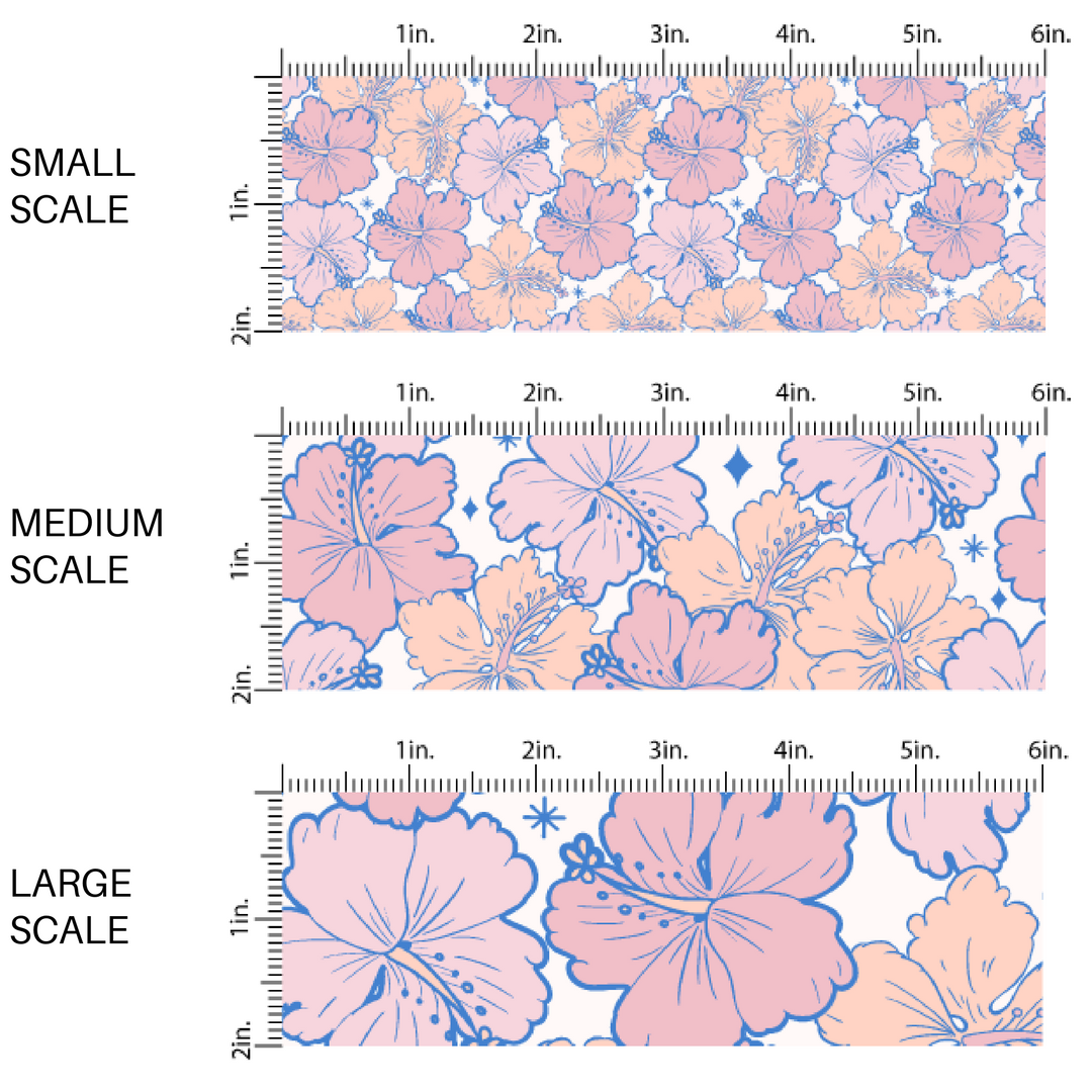 Pink and peach colored floral prints on white fabric by the yard scaled image guide