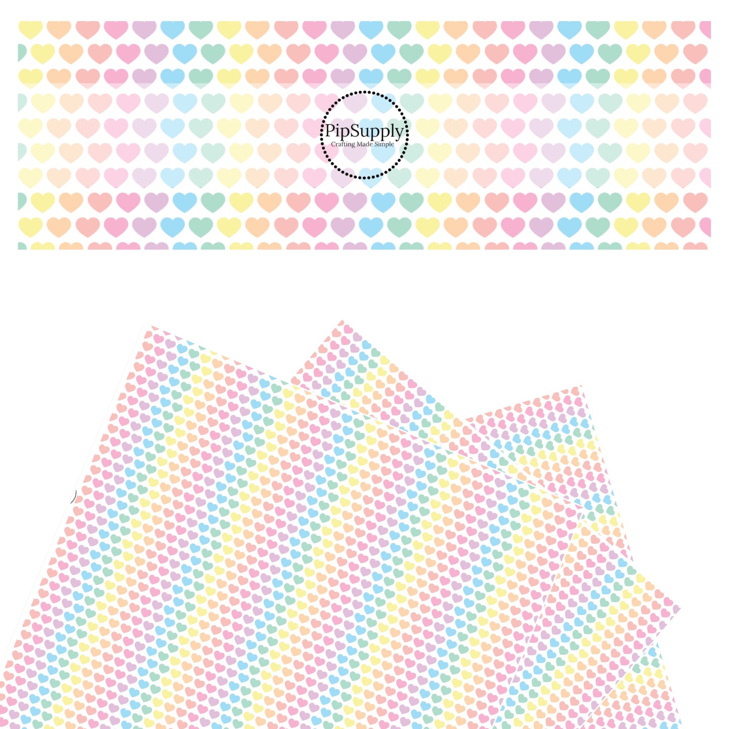 Rainbow pastel hearts on a white faux leather sheet