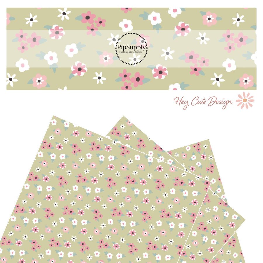 Bundles of Pink and white flower pattern faux leather sheet.