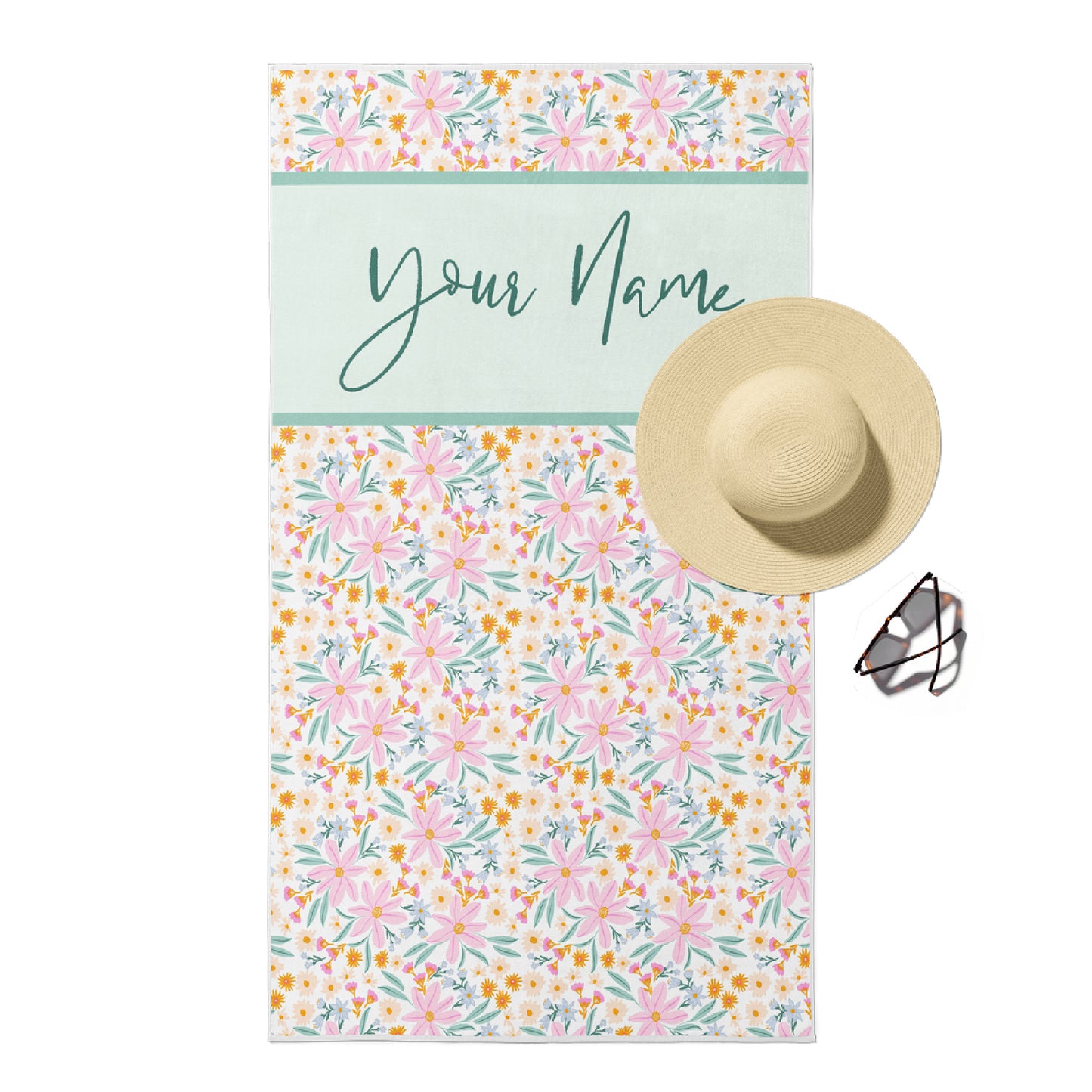 Beach towel in Spring Malibu pastel floral with sage green customizable text.