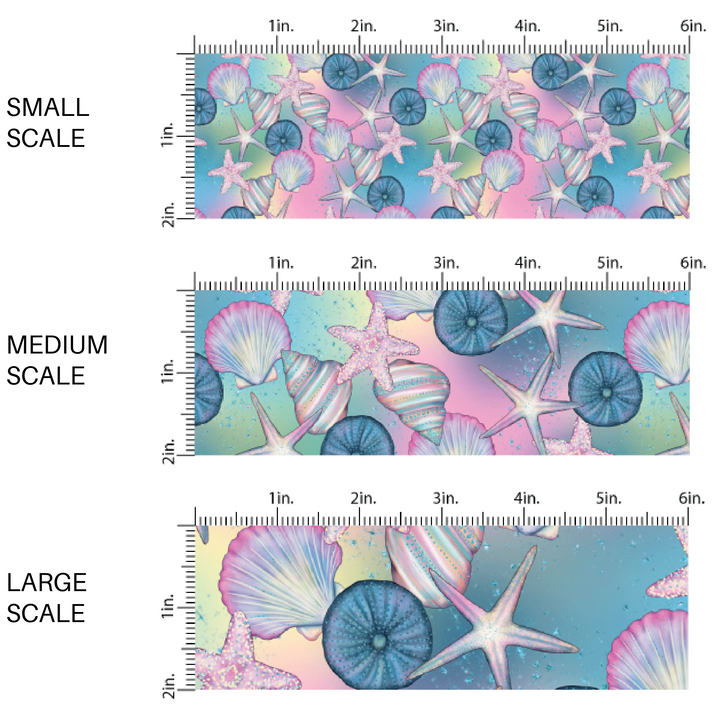 Blue, pink, and yellow ombre fabric by the yard scaled image guide with seashells and starfish.