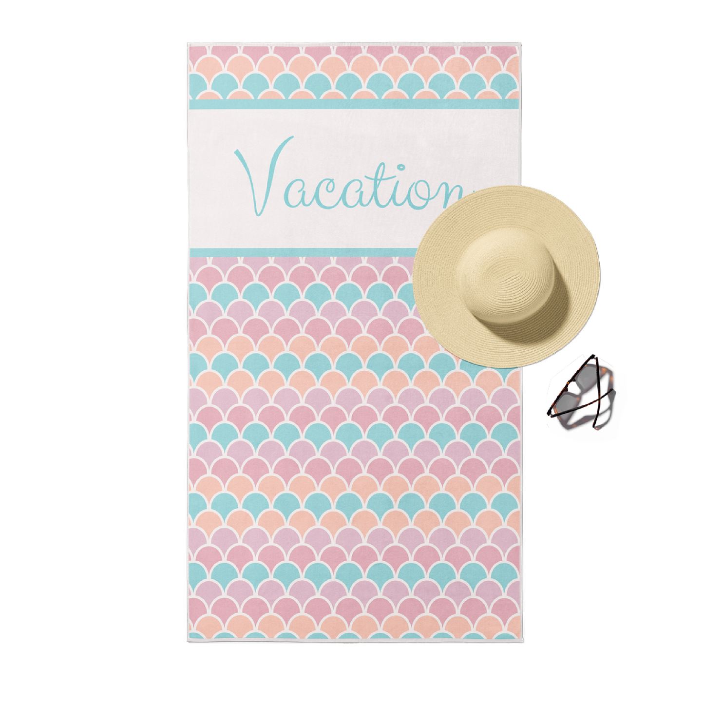 Beach towel in tropical summer pastel scales with customizable text.