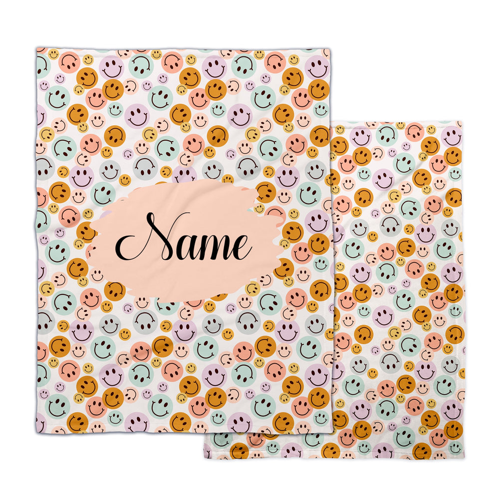 Personalized Name Blanket - Smiley Faces in Pink, Peach, Aqua and Yellow - Custom Printed Fleece Blanket - Christmas Gift