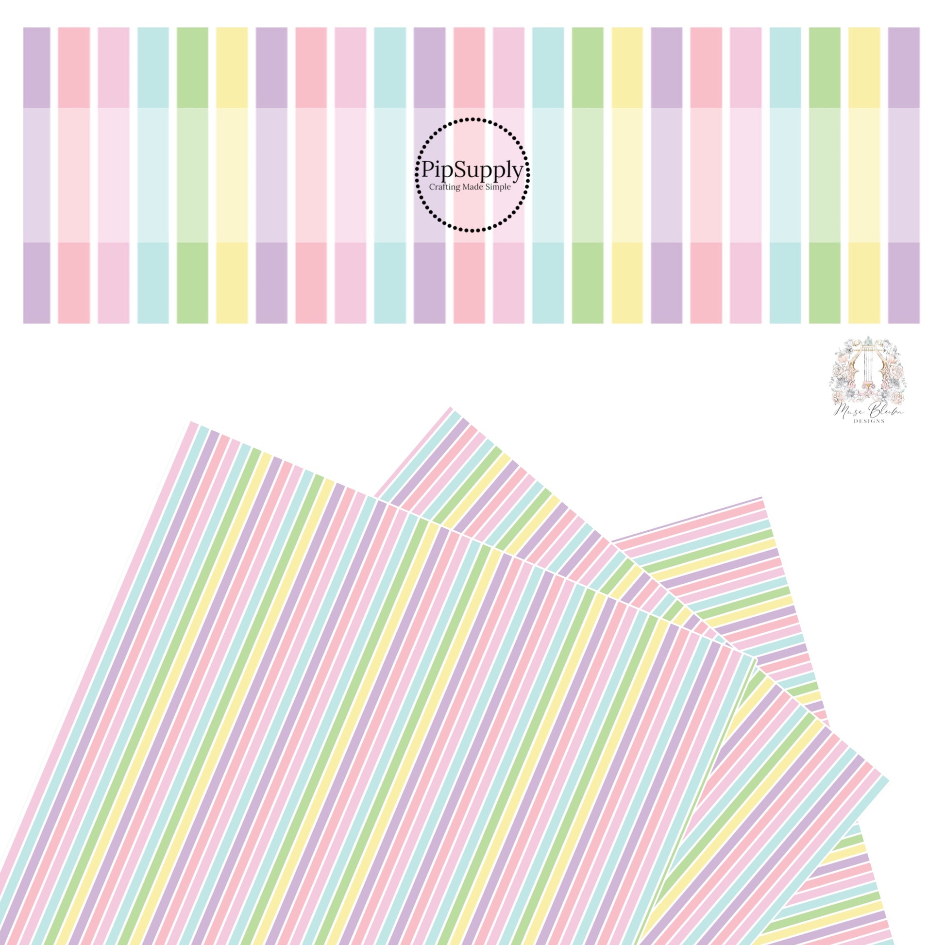 Yellow, pink, lilac, purple, blue, and green vertical stripe faux leather sheet